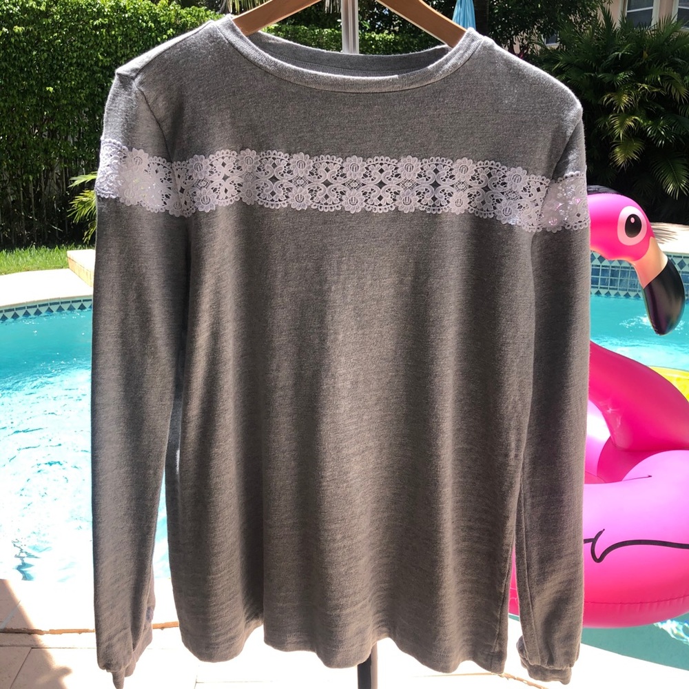 Loft gray crochet lace accent long sleeve tee